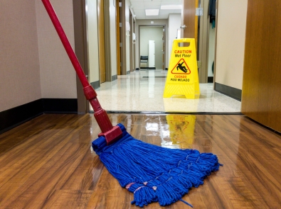 a blue mop on a wood floor