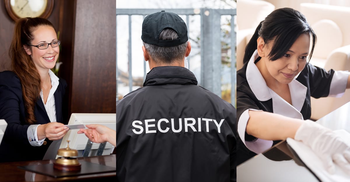 three images, a concierge, a security guard and a janitor