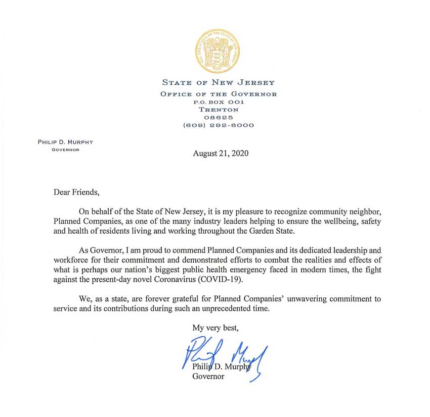 a letter from Gov. Murphy thanking Planned for helping during the COVID-19 crisis